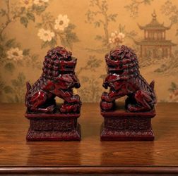 Foo Dog Statues Vintage Red Resin Chinese Guardian Lions Pair Decor