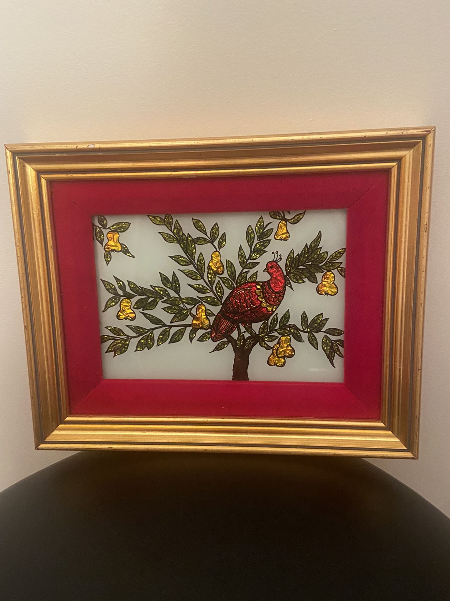 Partridge In A Pear Tree Reverse Foil Painting By Elizabeth Smock Ely.