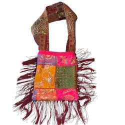 Upcycled Boho Fringe Crossbody Shoulder Bag Cheetah Handmade Sequins Wide Strap   This is an upcycled Boho fringe crossbody shoulder bag with a cheeta