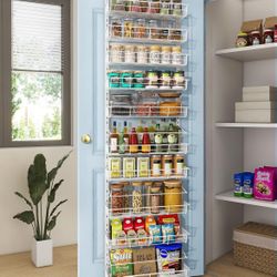 White 10-Tier Over The Door Pantry Organizer, Pantry Organization and Storage, Metal Hanging Adjustable Basket, Wall Spice Rack Seasoning Shelves, Hom