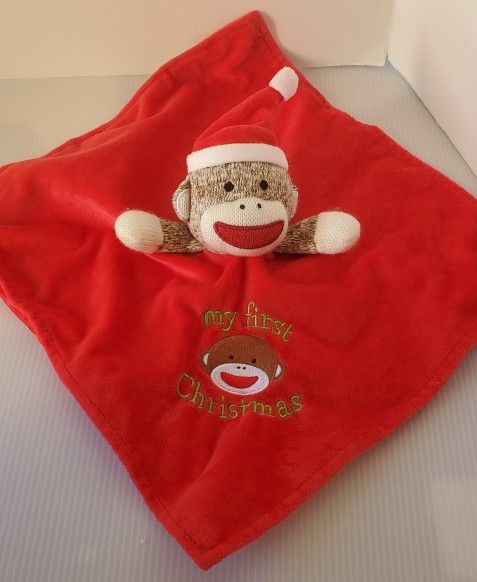 Baby Starters Security Blanket Sock Monkey My First Christmas Plush Lovey Rattle