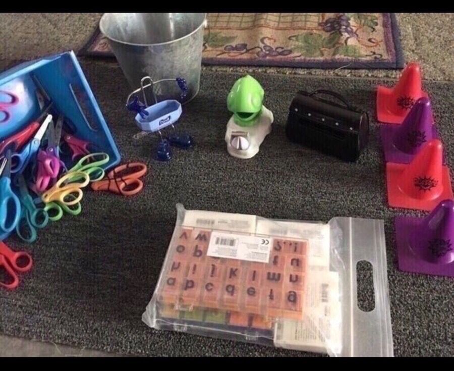 Elementary Scissors, tape dispenser, paper clip dispenser, stamps, etc