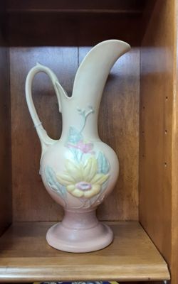 Large Vintage Yellow to Pink Floral  Hull Pottery Pitcher - Shelton