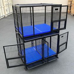 (NEW) $370 (Set of 2) Stackable Dog Cage 41x31x65” Heavy Duty Kennel w/ Plastic Tray