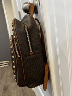Michael Kors Brown/Tan Monogram, Gold Studded Backpack  display picture 3