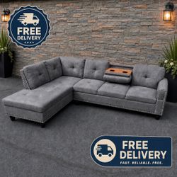 Modern Gray Sectional Couch W/Cup Holders (FREE DELIVERY)
