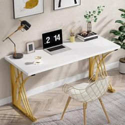 Simple Style Computer Desk, 55''Study Laptop PC Desk with Gold Legs, Industrial Makeup Vanity Table with Thicken Frame, Sturdy Writing Workstation, C