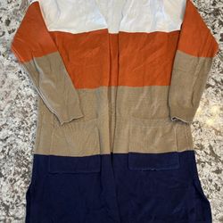 L Color Block Striped Open Front Knit Cardigan with Pockets Fall Winter Clothes