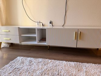 70.9” Modern White Fluted TV Stand with Gold Accents