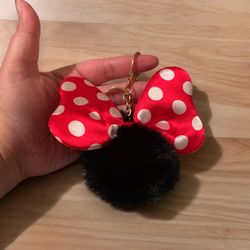 NEW Minnie Mouse Style Large Black Faux Fur Pom Ball Red Bow Purse Bag Charm