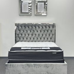 Bed, Bedroom Furniture, Grey and Silver Bed, Queen Bed 