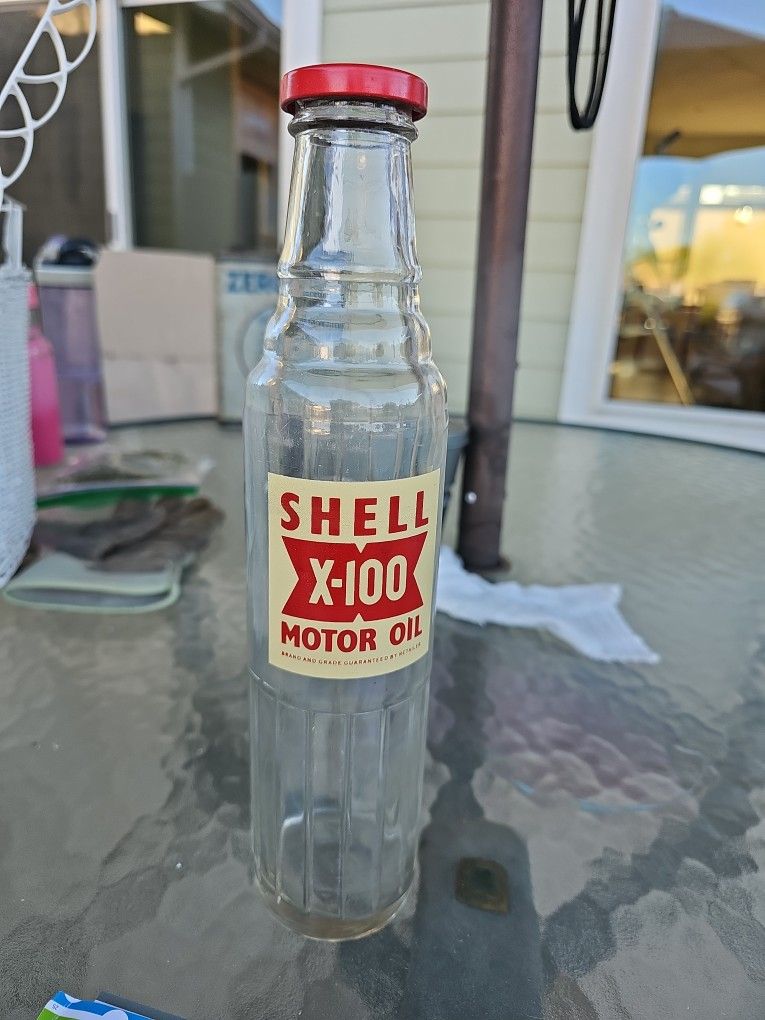 Vintage Shell X-100 Motor Oil Glass Bottle with Original Cap - Collectible Quart Bottle