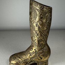 Antique Chinese Brass Hand Carved Floral Cowboy Boot