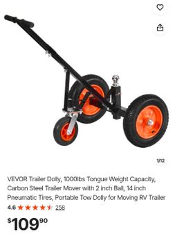 VEVOR Trailer Dolly, 1000lbs Tongue Weight Capacity, Carbon Steel Trailer Mover with 2 inch Ball, 14 inch Pneumatic Tires, Portable Tow Dolly for Movi