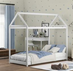 Twin Wood House Bed Frame with Roof for Toddler Kids