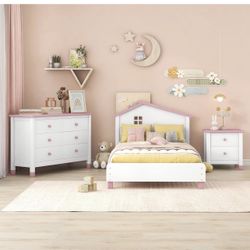Twin 3 PCs White Pink Bedroom Set