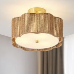 Rattan Ceiling Light Fixtures Flush Mount,3-Light Boho Light