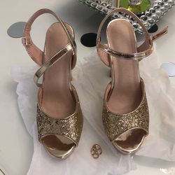 Wedding Sandals Gold Thick High Heels Siz 7