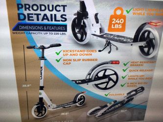 KICK SCOOTER. FOR AGES 6+. FOR KIDS TEENS AND ADULTS, MAX LOAD 240LBS FOLDABLE, 8 INCH BIG WHEELS W/ KICK STAND, 3 AD