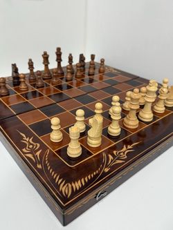 Large Vintage Wood Chess the board is foldable