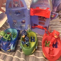 PJ Masks figurines, cars, and base ship