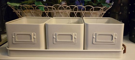 Metal planter on tray with strap.handles