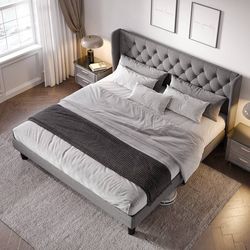 King Size Bed Frame with Button Tufted Wingback Headboard, Light Grey Modern Upholstered Platform Bed Frame, Strong Wood Slat Support, Under-Bed Stora