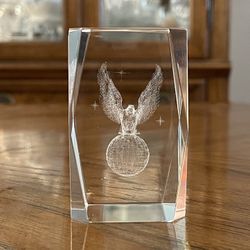 Gorgeous Solid Crystal 3D Etched Eagle Over World Paperweight or Decor Piece 