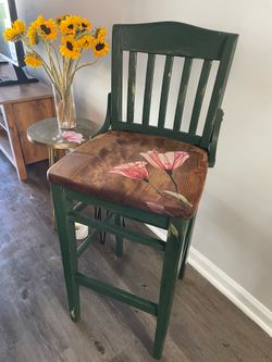 Hand-Painted Solid Wood Bar Stool – Floral Design