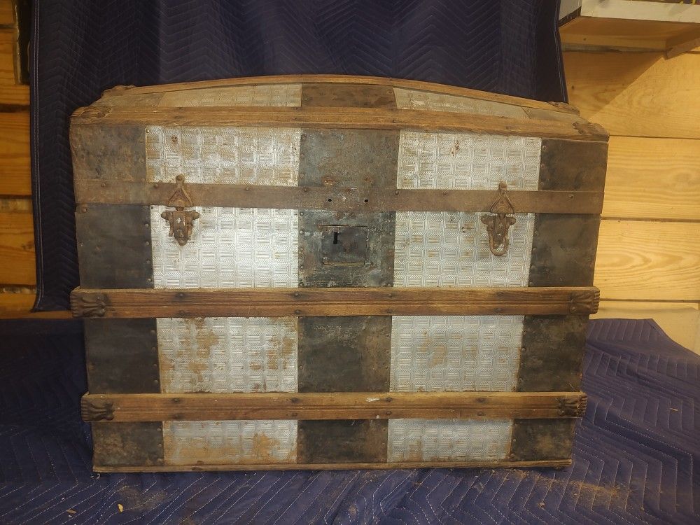 Large Tin Wood Antique Trunk With Roll Wheels