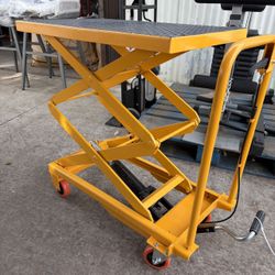 Yellow Double Scissor Hydraulic Lift Table Cart, 500lbs Capacity 48" Lifting Height, Lift Table w/ 4 Wheels and Non-slip Pad, Elevating Hydraulic Cart