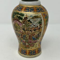 Vintage Japanese Satsuma Vase 6" Hand Painted Gold Moriage Geisha Scene Marked