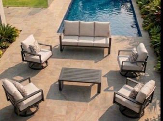 Patio aluminum swivel chairs with three seater couch plus coffee table all brand new inside five boxes ☑️🆕