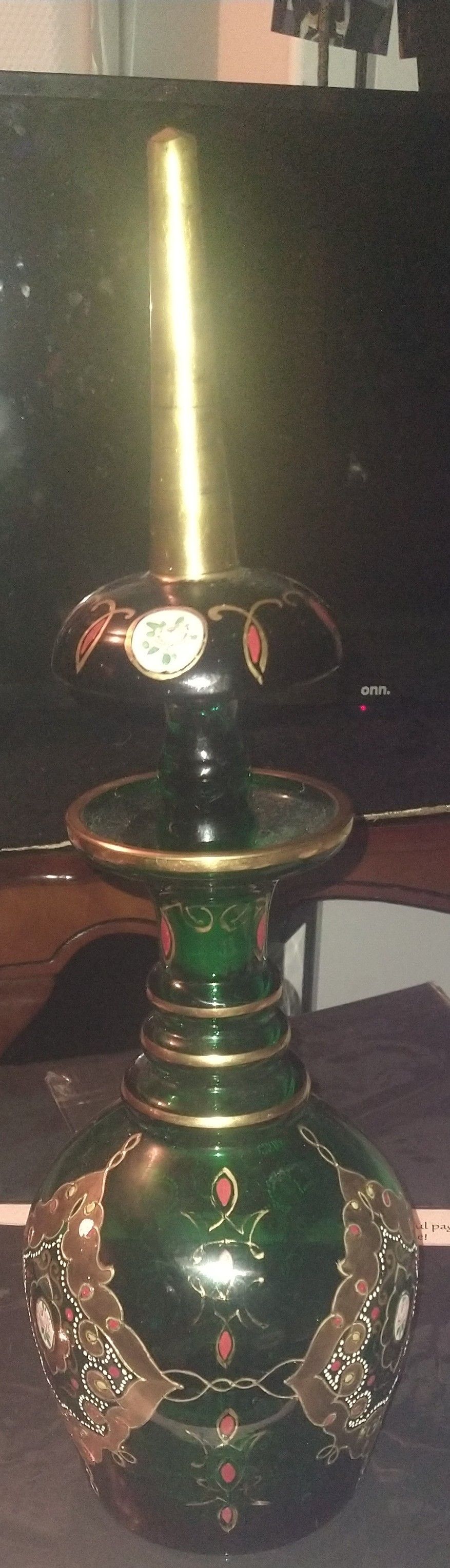 Antique Green Glass Vase With Top