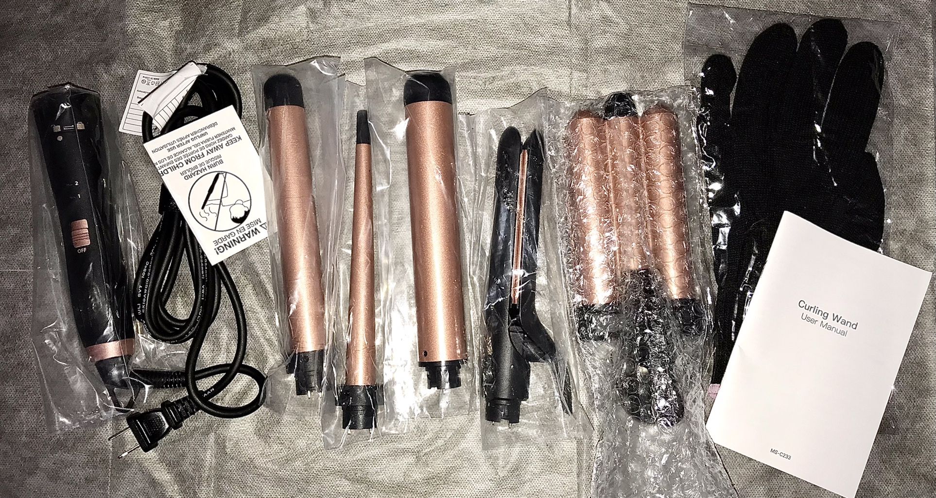 5-in-1 Curling Iron Set - 3 Barrels, Crimper, Flat Iron, Ceramic, 2 Temps, Dual-Voltage, + Glove 