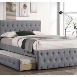 New In Box FULL BED W/TRUNDLE-LIGHT GREY BURLAP And 2 Mattresses.