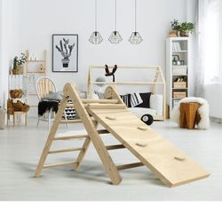 BENKRYFREJA Beech Pikler Triangle Set, Folding Baby Climbing Toys for Toddlers 1-3, Triangle with Ramp and Slide

