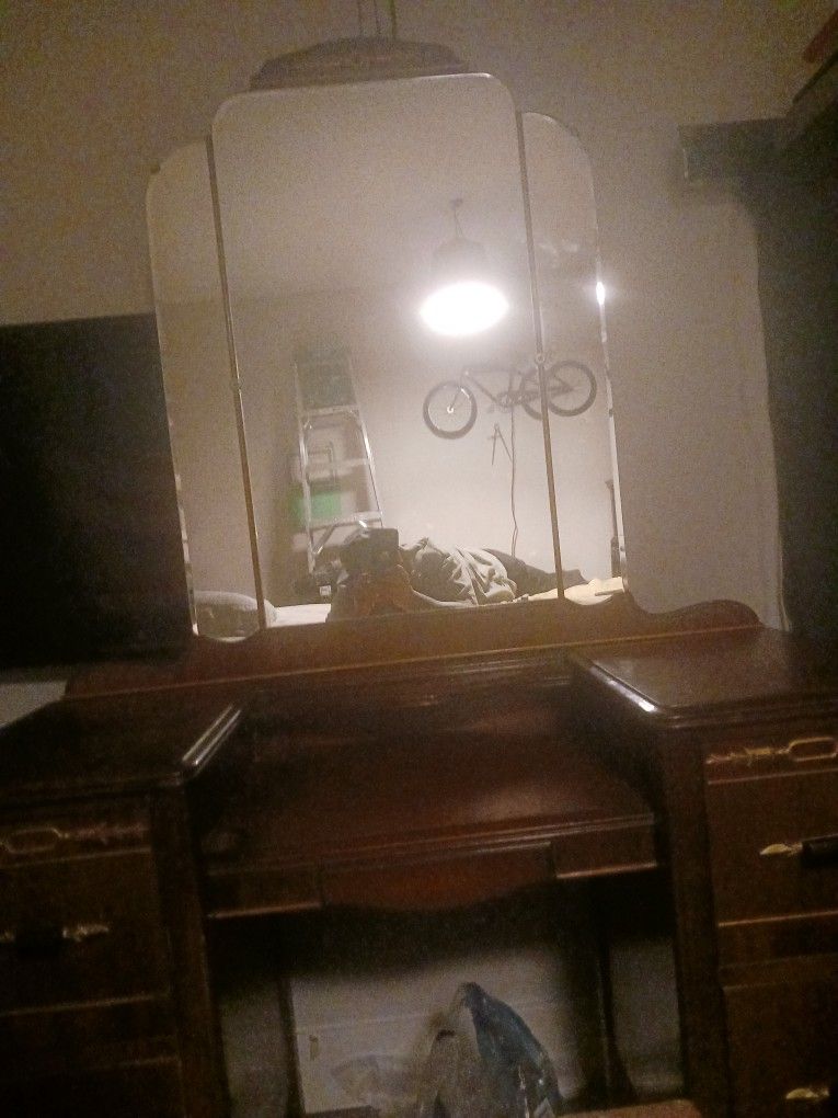 Antique Make Up Vanity With Mirror Beveled Glass