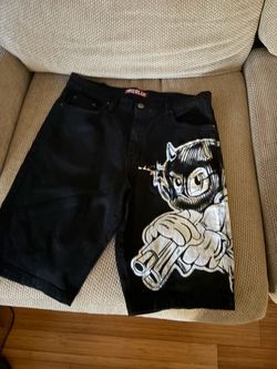 Black cartoon-print baggy jeans shorts