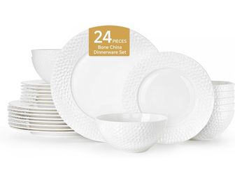 New 24Pcs Hammered Rim White Bone China Set for 8 Lightweight porcelain plates & bowls Dinnerware