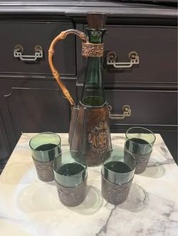 Vintage MCM Green Glass Decanter w/leather wrap & wood cork, set/4 glasses