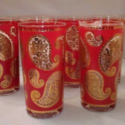 Vintage Culver Red and Gold Paisley High Ball Glasses Regency Boho With Holder