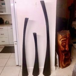 Mid Century Modern Wooden Floor Candle Holders, 3 Piece Set:  63”H , 51.5”H, 39.75”H