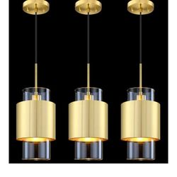 3 Pack Hanging Indoor Kitchen Island Pendant Light 6" Drum Glass Shade Pendant Ceiling Light Fixtures Modern Farmhouse Dinning Over Sink (Gold Finish)