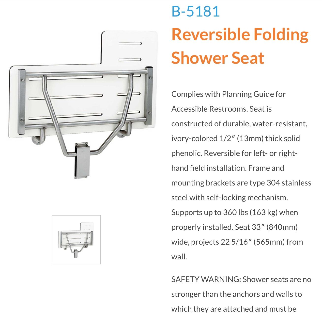 Bobrick B-5181 Shower Seat