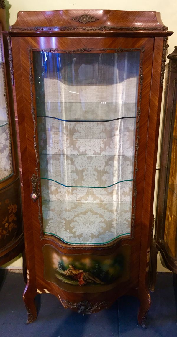 Antique And Authentic Curved Glass Curio Cabinet With Gold Trim