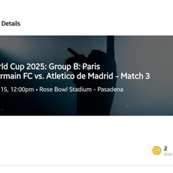 PSG vs Atletico - Soccer Match 3 June 15, 2025 Section 2-L Row 2. Two Tickets. Rose Bowl Pasadena, CA