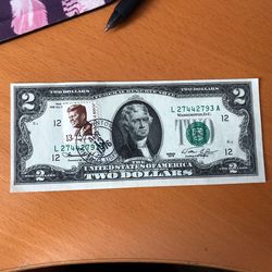Mint  Condition 2 Dollar Bill With JFK stamp 