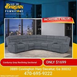 ONLY $1,699 – CORDUROY GRAY RECLINING SECTIONAL!