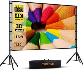 TOWOND Projector Screen and Stand, 120 inch Outdoor Projection Screen, Portable 16:9 4K HD Rear Front Movie Screen with Carry Bag Wrinkle-Free Design 